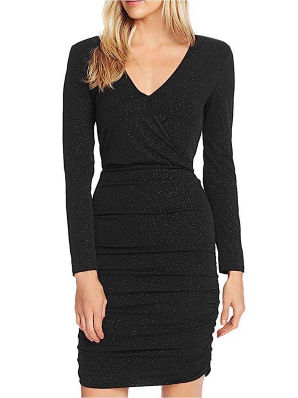 Vince Camuto Black Metallic Ruched Cocktail Dress Long Sleeve Sheath Size S